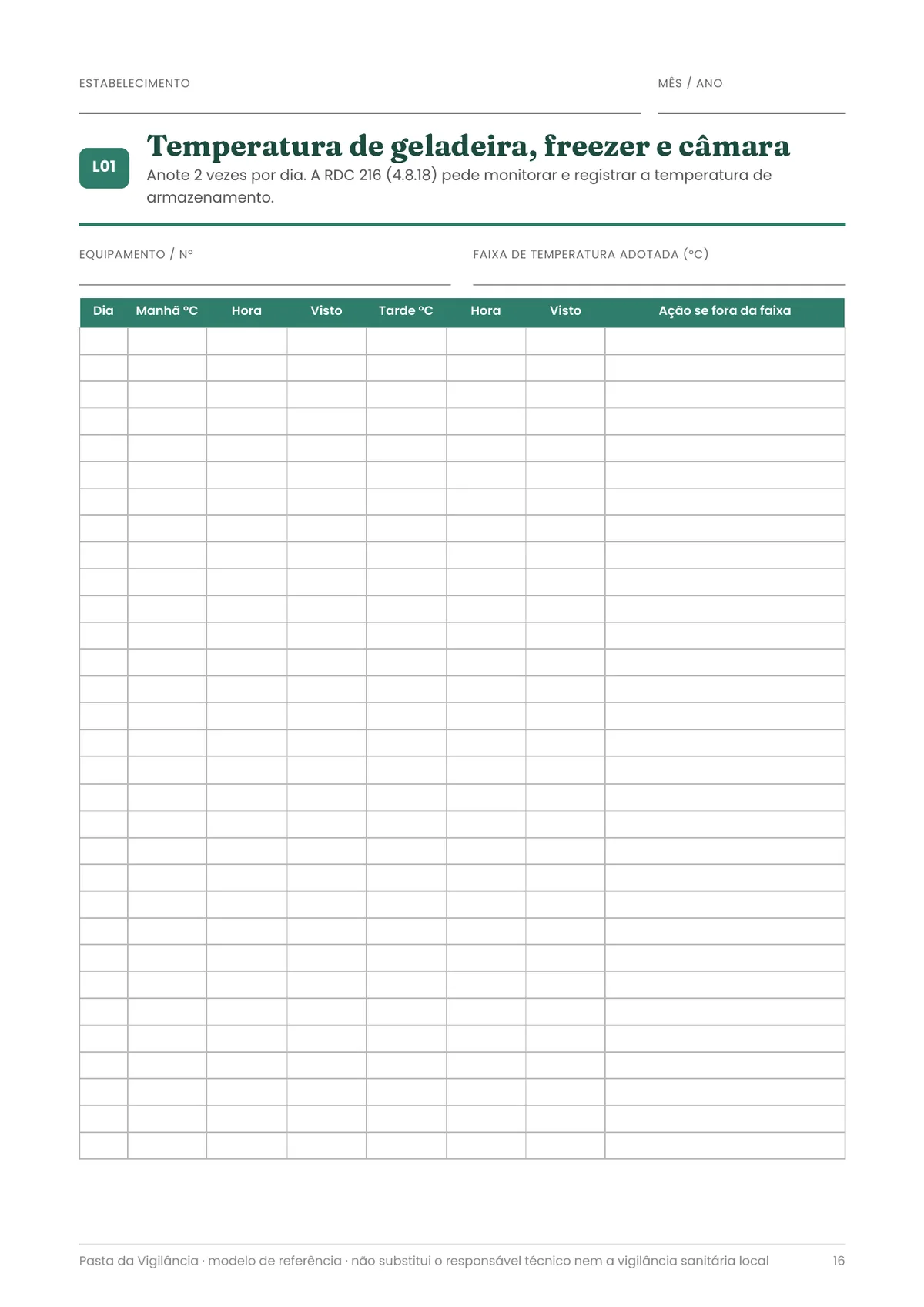 Página real do PDF Pasta da Vigilância: planilha de temperatura
