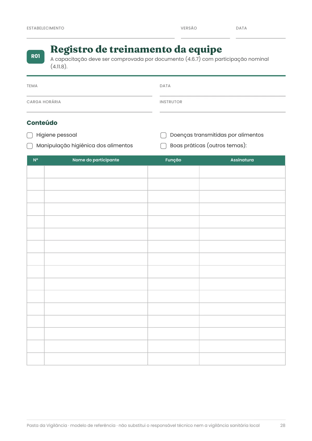 Página real do PDF Pasta da Vigilância: registro de treinamento